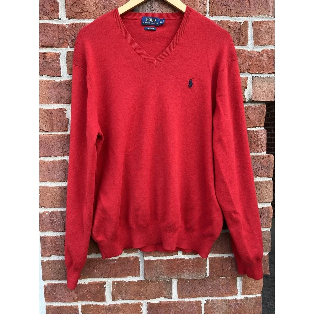 Polo Ralph Lauren Sweater Men XL Red Pima Cotton V Neck Pullover Lightweight